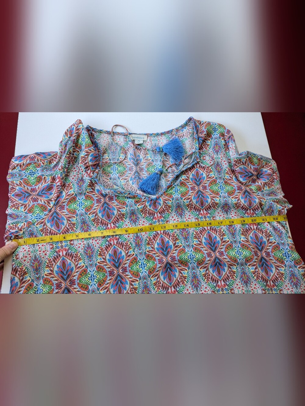 Sundance Multicolor Print Peasant Boho Blouse Tassels XL - Picture 6 of 6